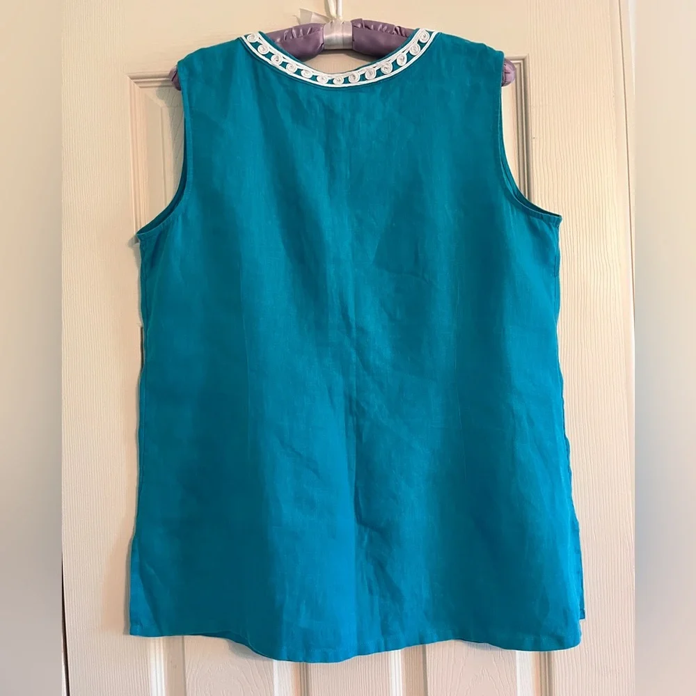Charter Club Luxury Linen Embroidered Teal Sleeveless Top Women Size Large - Picture 2 of 8